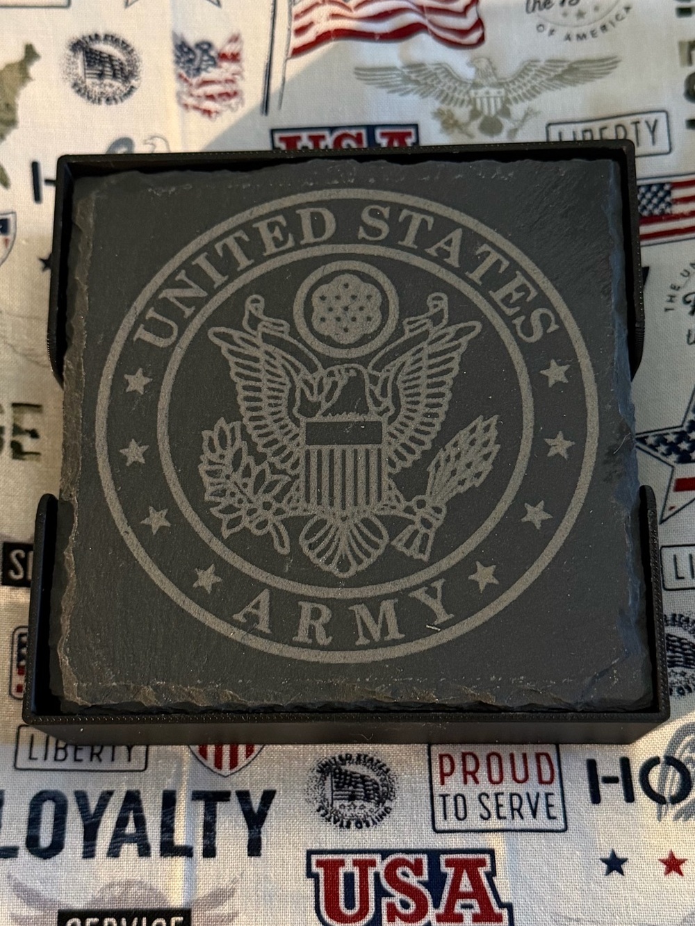 Hand Crafted Laser Engraved Slate Army Coasters with Holders - NWOT.